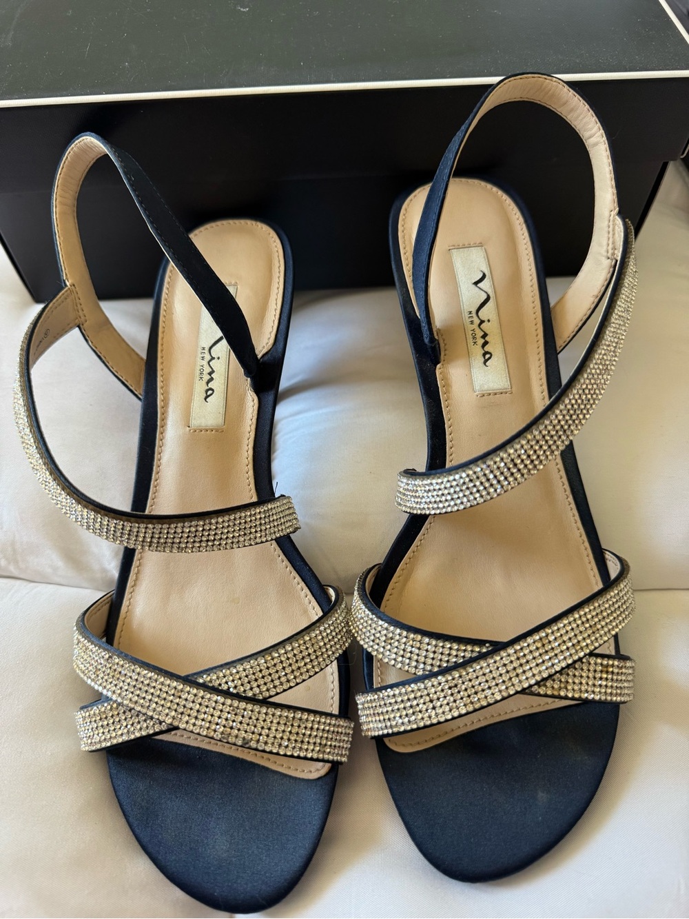 Nina NewYork-  Navy Blue- Slingback heels with Rhinestone Straps- Size 9